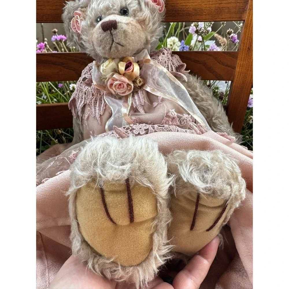 Vintage Plush Teddy Bear Doll W/Lace Dress & Floral Detail Cottagecore Aesthetic